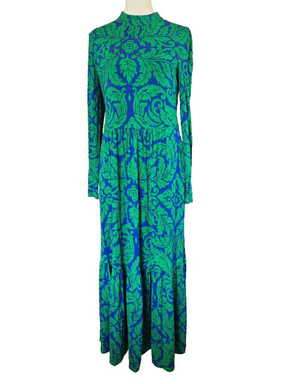 Boden Leaves High Neck Tiered Jersey Maxi Dress Blue Green Sz 6 Practical Magic